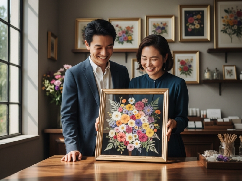 vị khách hàng nhìn sản phẩm hoa ép khô